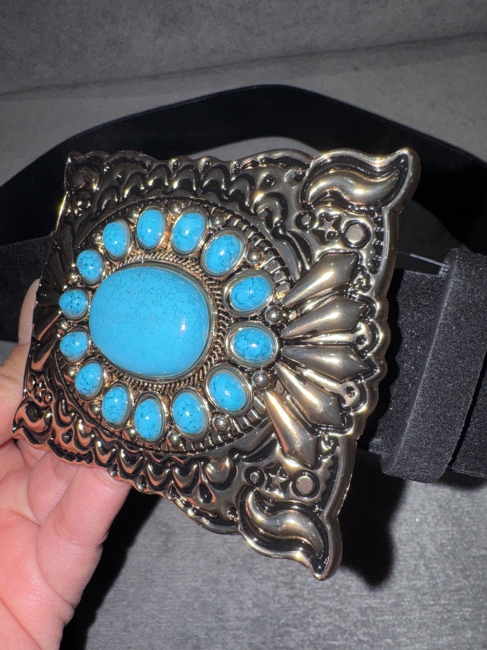 Turquoise Stone Concho Black Velvet Belt - Picture 5 of 10